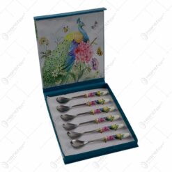 Set 6 lingurite pentru desert cu manere acoperite in ceramica - Design cu paun