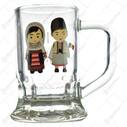 Pahar cu toarta tip shot - Design traditional "I love Romania"
