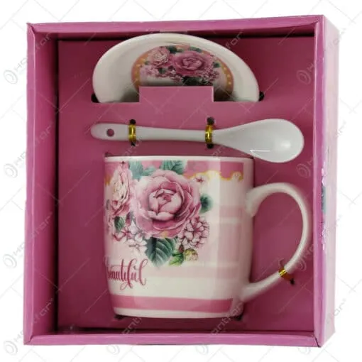 Cana cu farfurie si lingurita din ceramica "Beautiful" Rose 9 CM