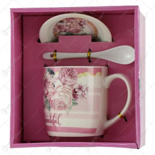 Cana cu farfurie si lingurita din ceramica "Beautiful" Rose 9 CM