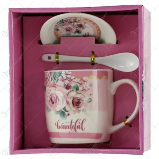 Cana cu farfurie si lingurita din ceramica "Beautiful" Rose 9 CM