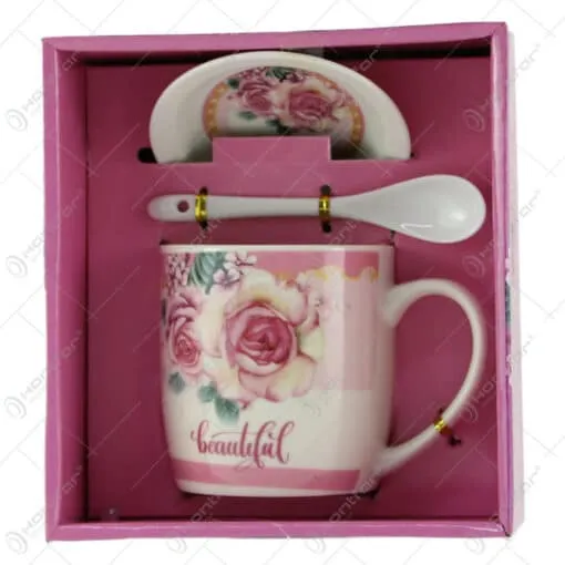 Cana cu farfurie si lingurita din ceramica "Beautiful" Rose 9 CM