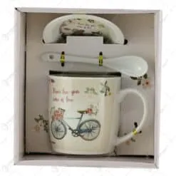 Cana cu farfurie si lingurita din ceramica "Never lose your sense of Love" 9 CM
