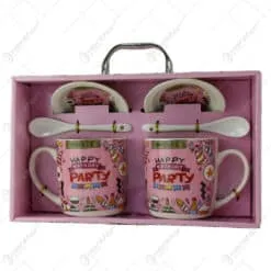 Set 2 cani cu farfurii si lingurite din ceramica "Happy Birthday" 9 CM
