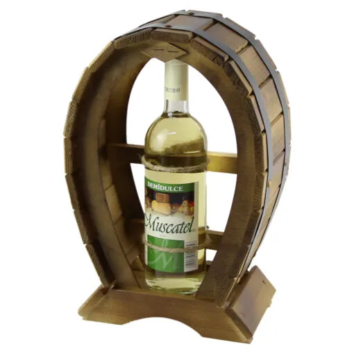 Suport lemn Butoi cu o sticla de vin alb Muscatel 24x36 CM