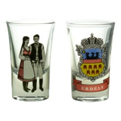 Pahare de tuica din sticla cu grafica - stema Transilvaniei si pereche in port popular secuiesc - 2 pahare