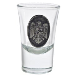 Set pahare de tuica din sticla. cu decor embosat - Stema Romaniei - 6 pahare