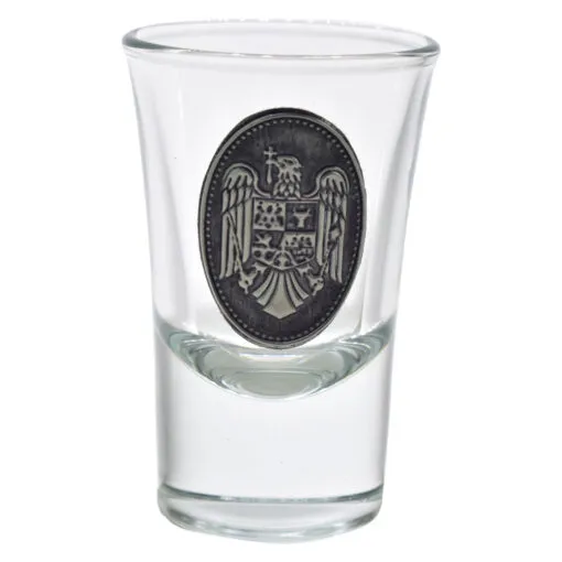 Set pahare de tuica din sticla. cu decor embosat - Stema Romaniei - 6 pahare