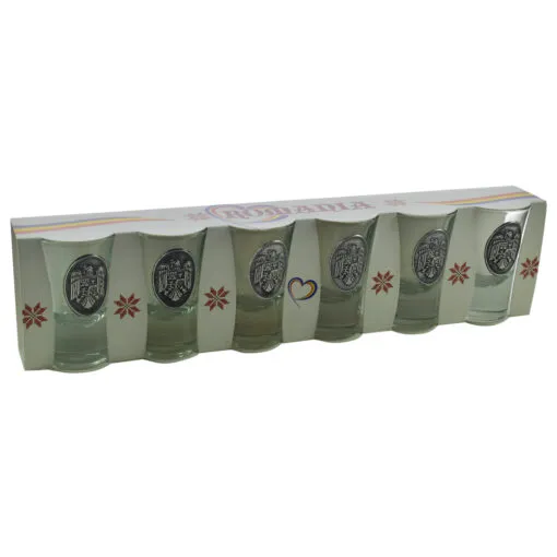 Set pahare de tuica din sticla. cu decor embosat - Stema Romaniei - 6 pahare