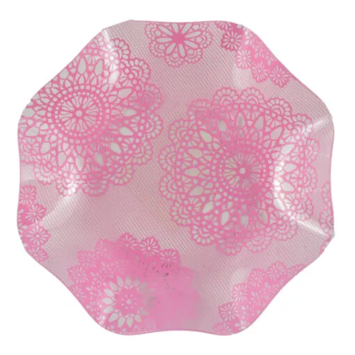 Tava rotunda realizata din material plastic decorata cu motive florale dantelate - Pink