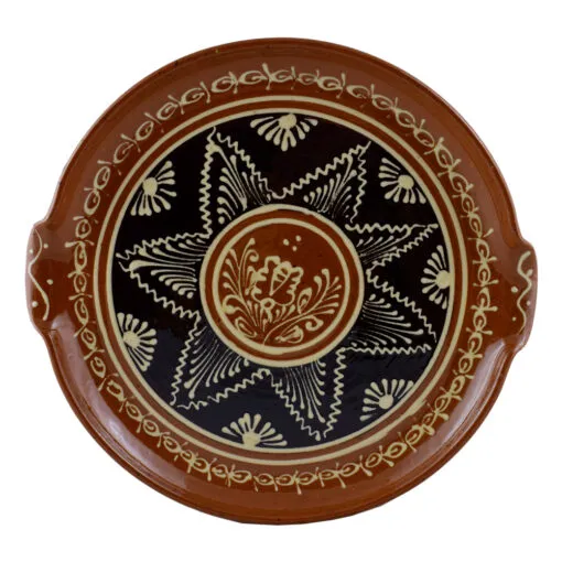 Platou ceramic rotund cu manere. decorata cu motive populare