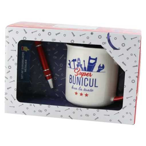 Cana ceramica 400 ml "Super Bunicul bun la toate" cu set de surubelnite metalice