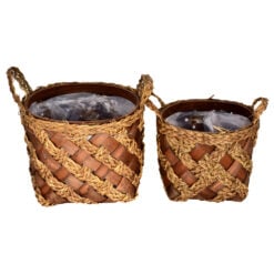 Set de doua cosuri rotunde cu maner realizate din rachita - Maro (Model 1)