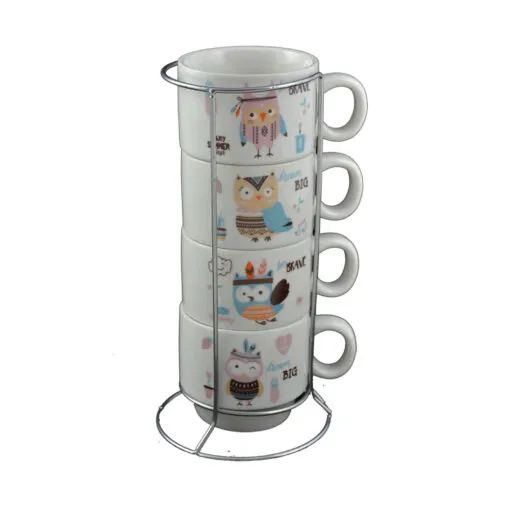 Set ceasca din 4 cesti realizate din ceramica cu suport - Design Bufnita