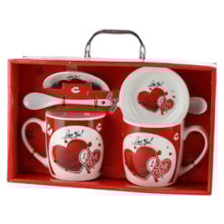 Set 2 cani cu farfurii si lingurite din ceramica 9 CM "Love You"