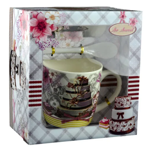 Cana cu farfurie si lingurita realizate din ceramica - Design Happy Birthday - Diferite modele (Model 1)
