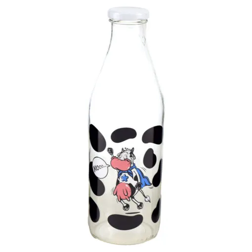 Sticla cu capac de metal pentru lapte in cutie decorativa - Super Cow