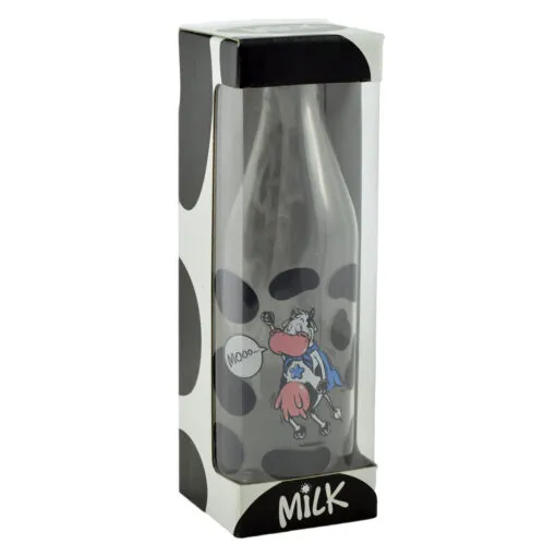 Sticla cu capac de metal pentru lapte in cutie decorativa - Super Cow