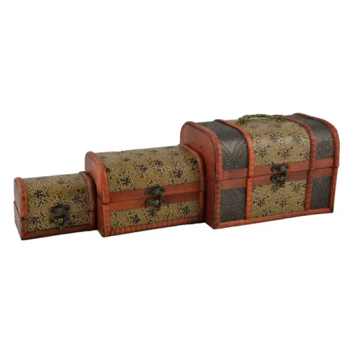 Set 3 cutii realizate din lemn. metal si piele ecologica in forma de cufere - Design Vintage