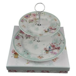 Etajera pentru prajituri realizata din ceramica - Design flori de primavara - Verde