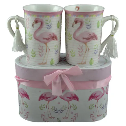 Set 2 cani realizate din ceramica in cutie cadou - Design cu flamingo