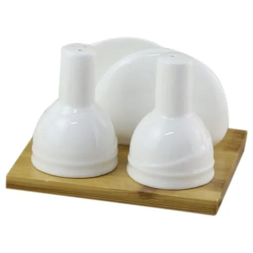 Set solnita/pipernita cu suport servetele din ceramica cu suport din bambus - White
