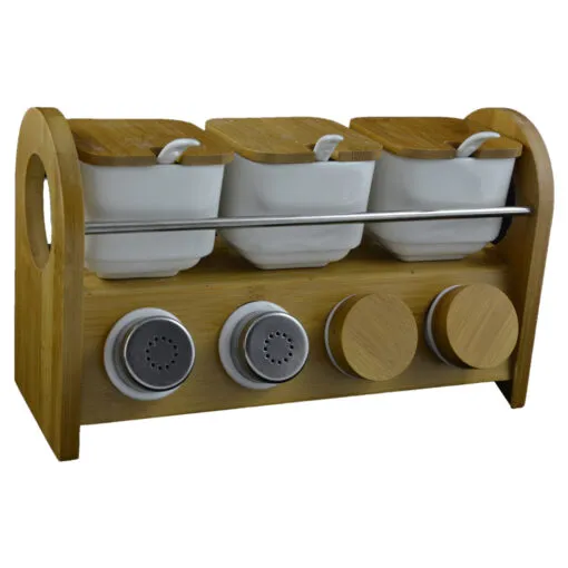 Set de dozatoare condimente realizate din ceramica pe suport de bambus
