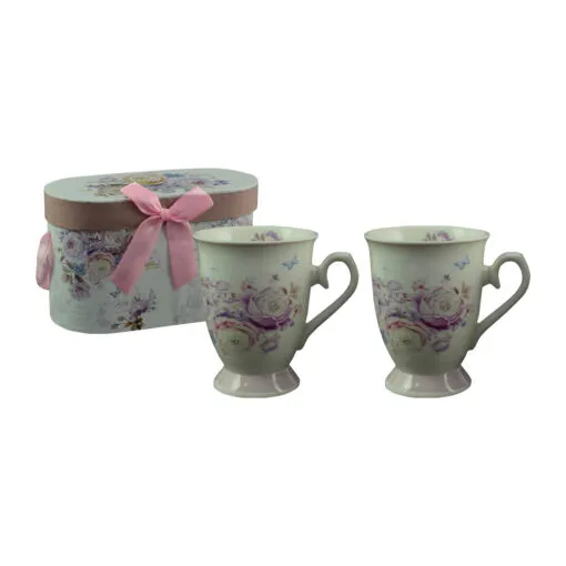 Set 2 cani realizate din ceramica in cutie cadou - Design cu trandafiri mov