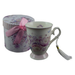 Cana realizata din ceramica in cutie cadou - Design cu trandafiri mov