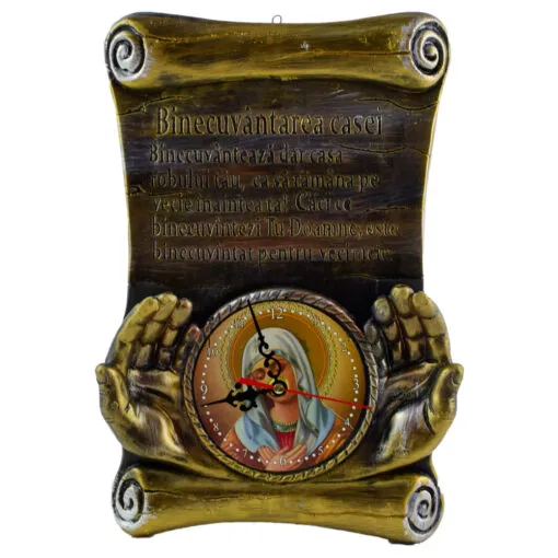 Placheta cu ceas din ispos cu mesaj - Binecuvantarea casei/Fecioara Maria