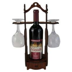 Suport lemn in forma de vioara cu o sticla de vin si doua pahare 36 CM