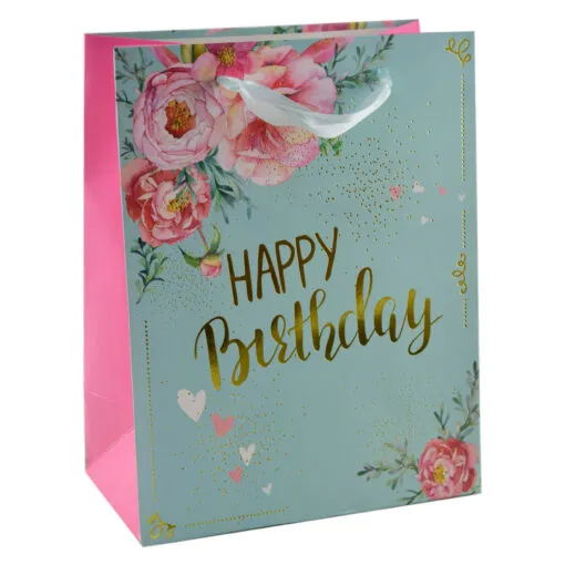 Punga pentru cadouri - Design floral cu mesajul "Happy Birthday" (Model 2)