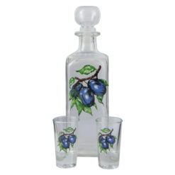 Sticla decorativa cu 2 pahare decorata cu prune