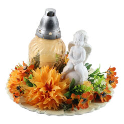 Aranjament floral pentru cimitir cu candela si figurina Inger 34 CM