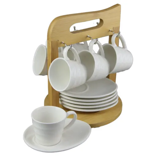 Set 6 cesti cu farfurii din ceramica pe suport bambus