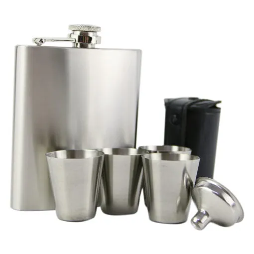 Set plosca cu 4 pahare si palnie din inox - Flachmann Set