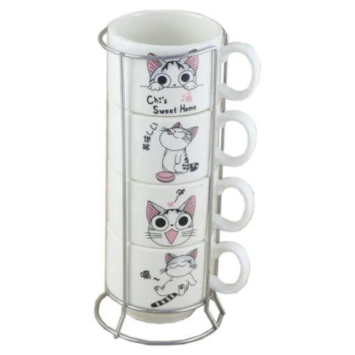 Set 4 cesti din ceramica cu suport metalic - Design Pisici