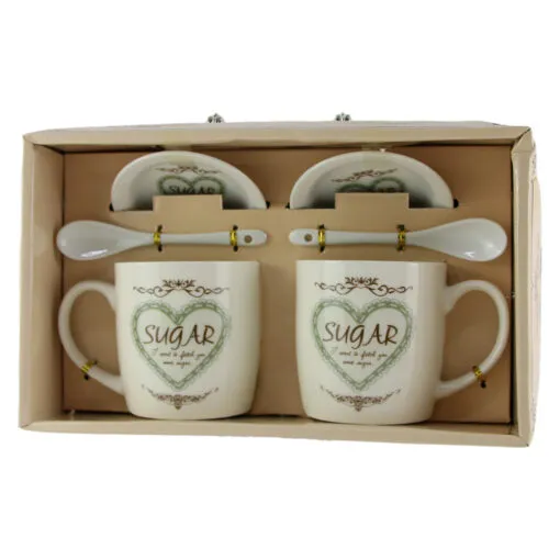 Set 2 cani cu farfurii si lingurite din ceramica "Coffe/Tea" 9 CM - Inima