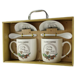 Set 2 cani cu farfurii si lingurite din ceramica "I love Coffee" 9 CM