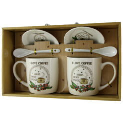 Set 2 cani cu farfurii si lingurite din ceramica "I love Coffee" 9 CM
