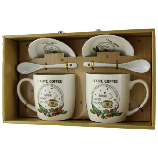 Set 2 cani cu farfurii si lingurite din ceramica "I love Coffee" 9 CM