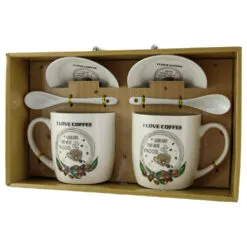 Set 2 cani cu farfurii si lingurite din ceramica 