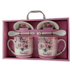 Set 2 cani cu farfurii si lingurite din ceramica "Beautiful" Rose 9 CM