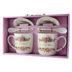 Set 2 cani cu farfurii si lingurite din ceramica 