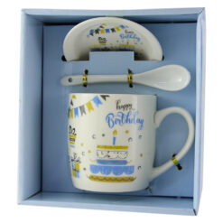 Cana cu farfurie si lingurita din ceramica "Happy Birthday" Albastru 9 CM
