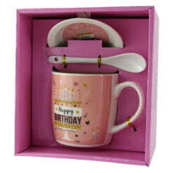 Cana cu farfurie si lingurita din ceramica "Happy Birthday" Pink 9 CM
