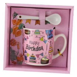 Cana cu lingurita din ceramica "Happy Birthday" Pink 8 CM
