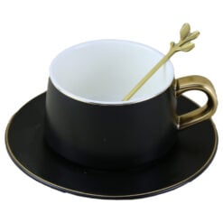 Ceasca de cafea cu farfurie si lingurita Exclusive din ceramica - Alb/Negru