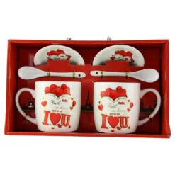 Set 2 cani cu lingurite si farfurii din ceramica 9 CM - Inimioare