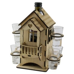 Suport din lemn Casa cu o sticla de vin 200 ml si 6 pahare